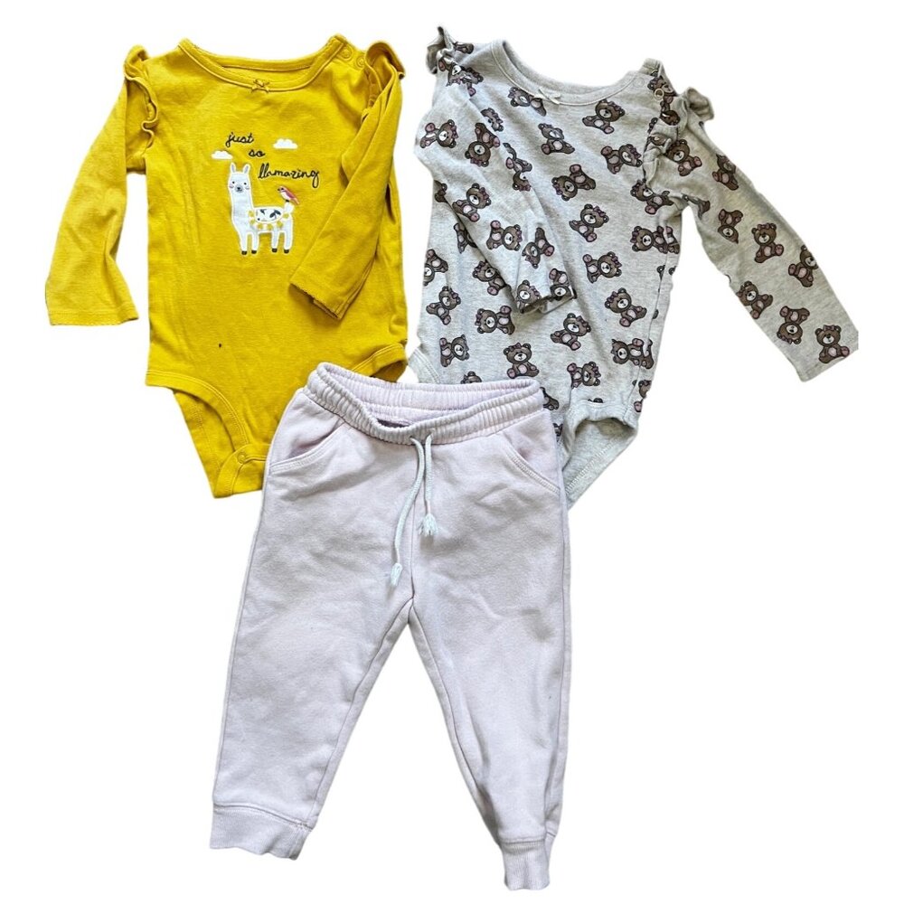 Bundle of 3 Long Sleeve One-Piece Romper Outfits Sz 18 Months Baby Girls with Sw